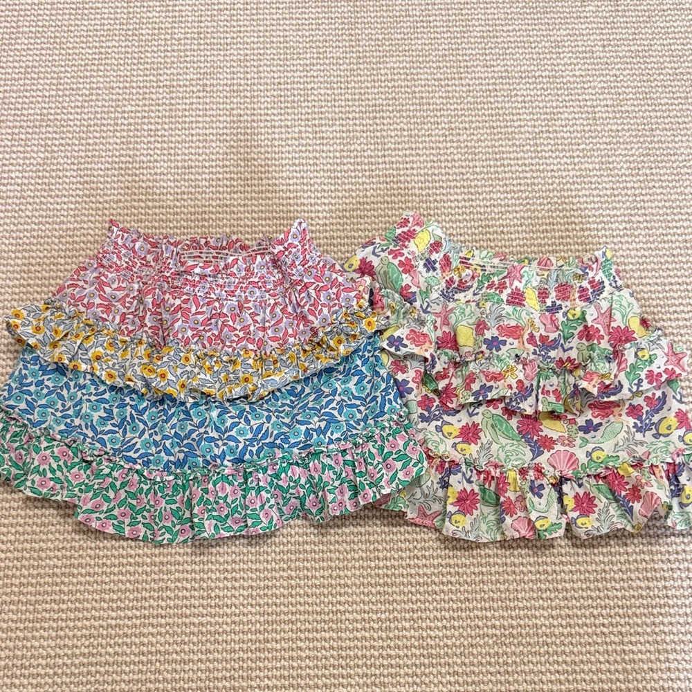 Mini Boden Girls Floral Tiered Ruffle Skirts in floral and mermaid prints.